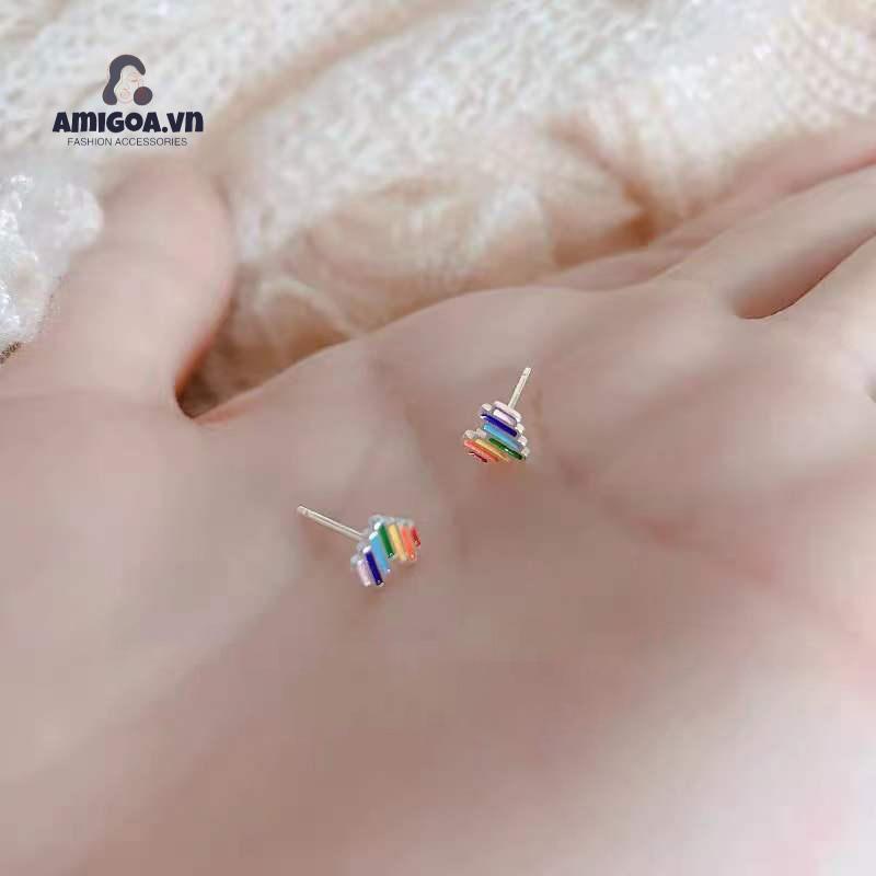 ✨✨Bông Tai Mạ Bạc 925 Hình Trái Tim Màu Cầu Vồng Thiết Kế Đơn Giản Cá Tính