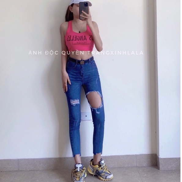 Quần jean nữ lưng cao rách gối co giãn - Quần bò nữ cạp cao rách gối dáng ôm chất jeans đẹp cao cấp Senorita