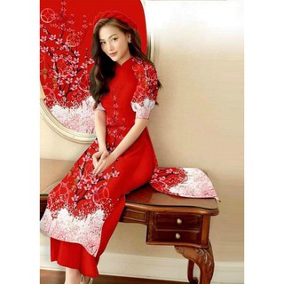 [CAO CẤP] Áo dài cách tân họa tiết đỏ đào siêu đẹp AD270 vải lụa cao cấp [HÀNG XUẤT NHẬT-HÀN QUỐC]
