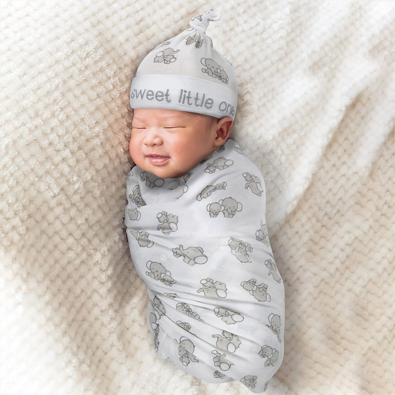 Set 2 Món Gồm Khăn Quấn + Mũ Beanie Bằng Sợi Nhỏ In Họa Tiết Hoa / Động Vật Dễ Thương Cho Bé Sơ Sinh