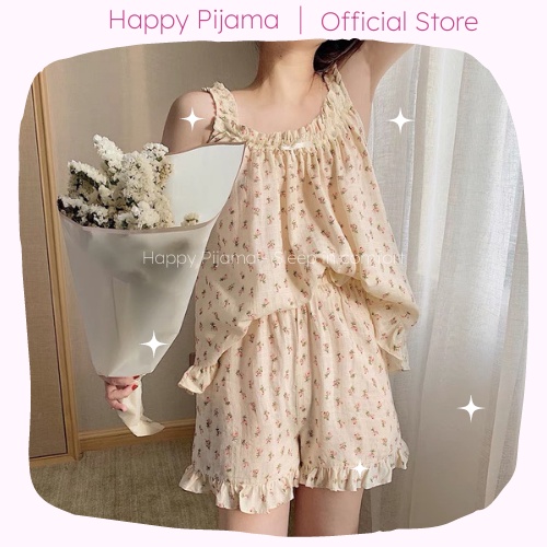 Bộ Ngủ Nữ Hai Dây Hoa Nhí Cực Xinh Tặng Kèm Scrunchies Chất Dũi Tơ Mềm Mịn