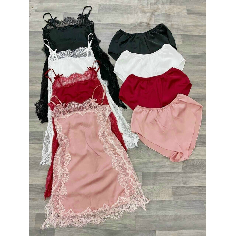 VÁY NGỦ SEXY LỤA SATIN PHỐI REN CÓ KÈM QUẦN ĐÙI CỰC ĐẸP, QUYẾN RŨ