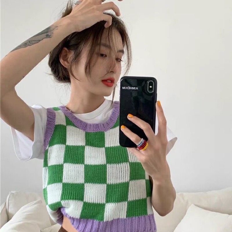 Áo Gile Len Kẻ Caro Phối Viền Hàn Quốc Cộc Tay Dáng Croptop