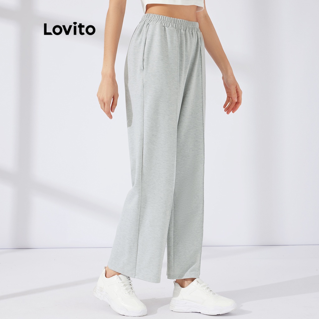 Quần thể thao Lovito ống thẳng phối xếp nếp màu trơn phong cách ngày thường L23AD150 (màu xám)
