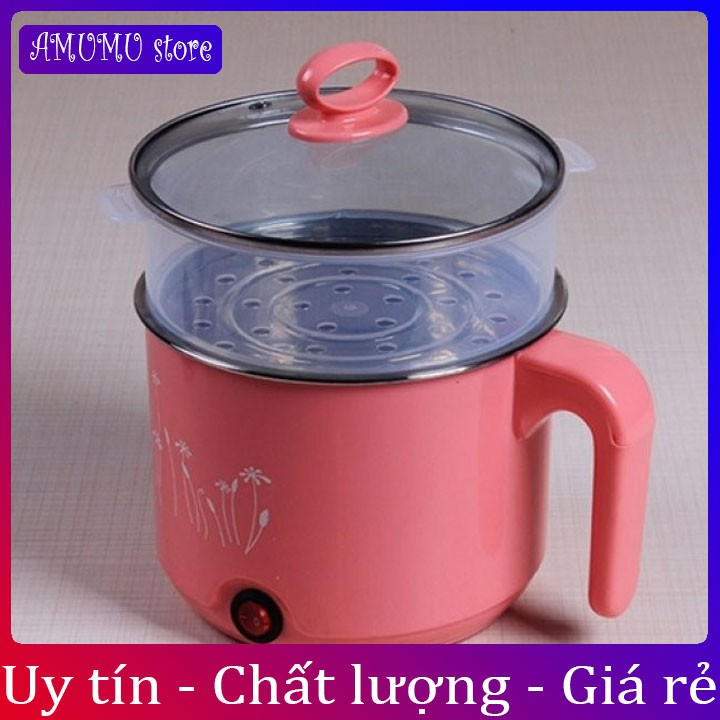 Nồi lẩu điện ca mì mini tiện dụng 18cm 2 lớp tặng kèm giá hấp tay cụp