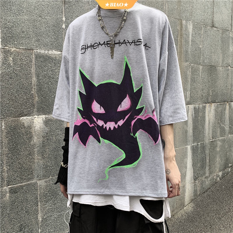 Streetwear Fashion Korea Oversized Shirt Dark Pokémon Printing T-shirt Tie-dye Hip Hop Loose Fit Plus Size Tee Short Sleeve for Men and Women 【BIOAKU】