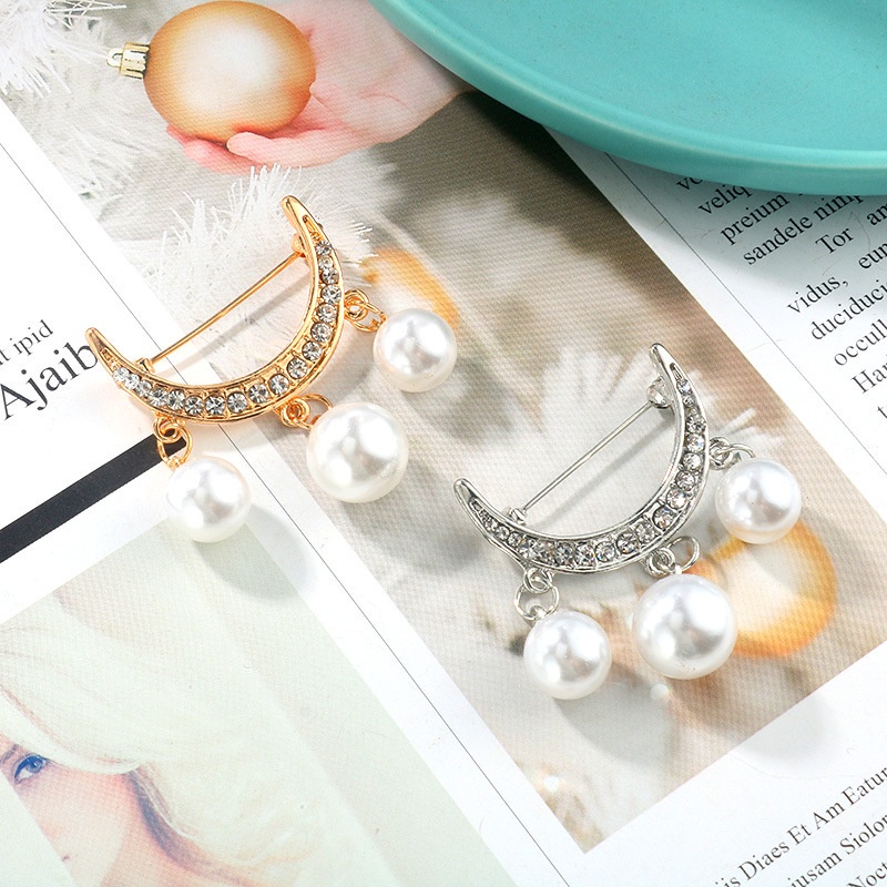 Trâm Cài Áo Hình Trăng Khuyết Giản Dị Đính Ngọc Trai Xinh Xắn