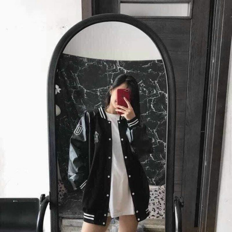 Áo Bomber Nam Nữ Nỉ Phối Tay Da Siêu Hót