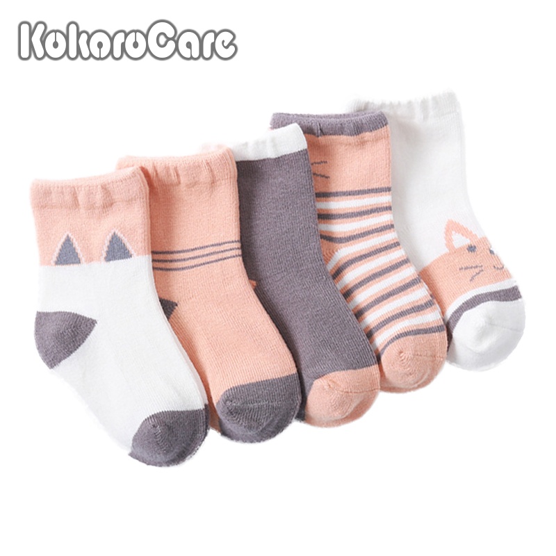 Bộ 5 Đôi Tất Kokorocare Yr08-05 Cổ Cao Trung Bình Họa Tiết Chú Mèo Dễ Thương Cho Bé Từ 0 - 8 Tuổi Size S/m/l/xl