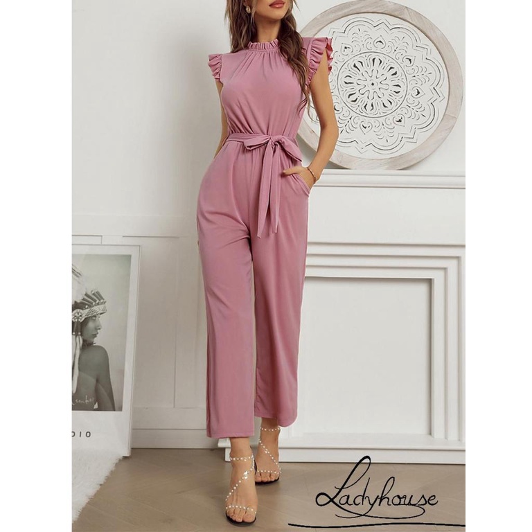 LDD-Female Jumpsuit, Solid Color Crew Neck Sleeveless Ruffle Belted Romper with Pockets for Summer, S/M/L/XL