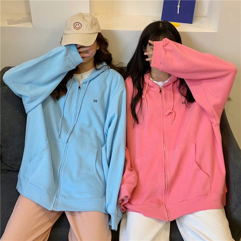 SUXI Áo sweater dáng rộng tay dài có mũ và khóa kéo phong cách mùa thu Hàn Quốc cá tính sành điệu cho nữ
