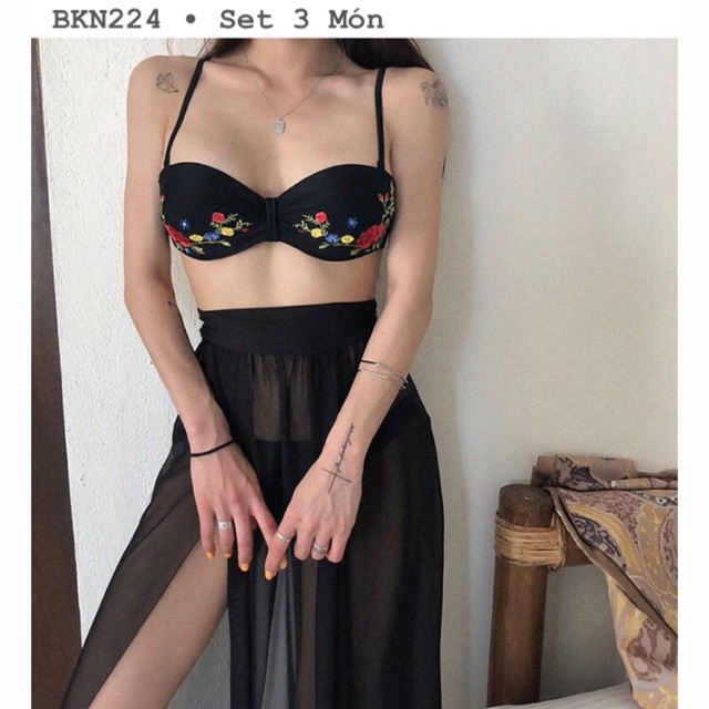 [BKN224] <HÀN> SET BIKINI 3 MÓN ĐEN THÊU HOA KÈM CHÂN VÁY DÀI KIỂU HÀN (CÓ GỌNG) | BigBuy360 - bigbuy360.vn