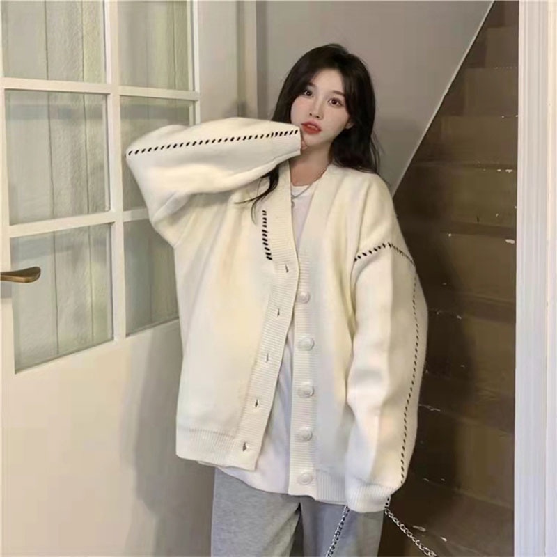 Áo Khoác Len Tay Dài Cổ Chữ V Form Rộng Phong Cách Hàn Quốc