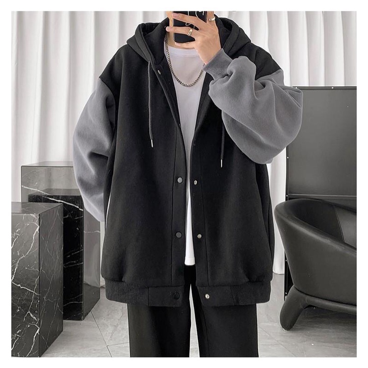 Áo khoác mũ bomber phối đen ghi