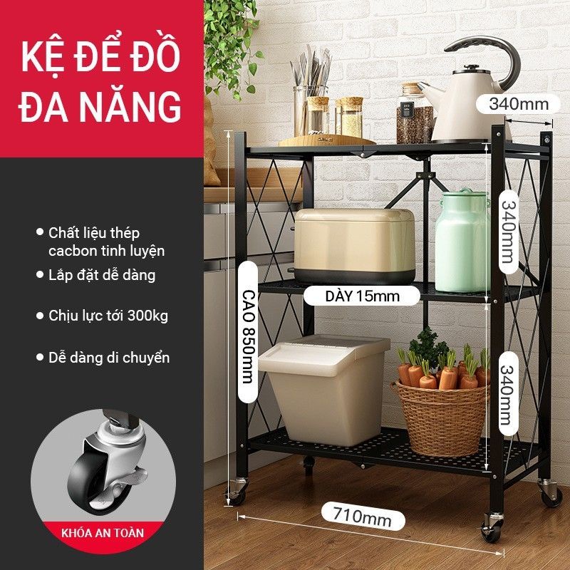 Kệ Sắt Đa Năng Gấp Gọn BELLEVIE Giá Đựng Đồ Bếp Có Bánh Xe 3/4/5 Tầng