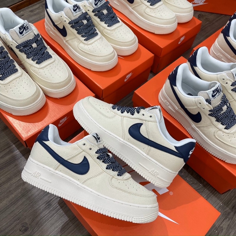 Giày Thể Thao Air Force 1 Canvas Navy Nam Nữ Tích Xanh Mới, Giày Sneaker AF1 Màu Be Tích Xanh Đầy Đủ Phụ Kiện