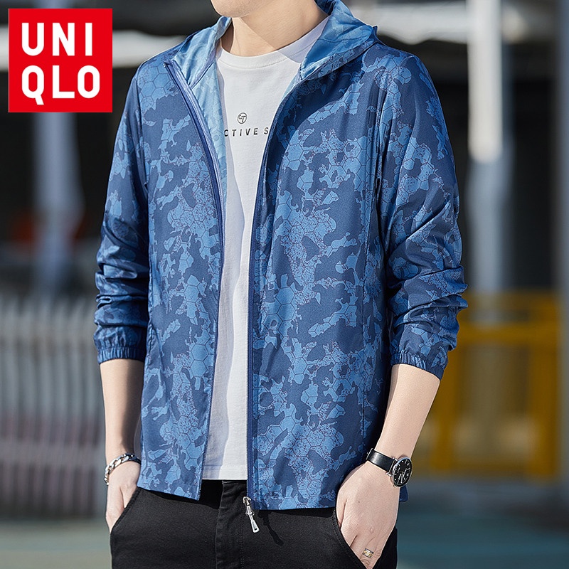 Uniqlo Áo Khoác Gió Có Nón Họa Tiết Rằn Ri upf50 + Thời Trang Mùa Hè Cho Nam