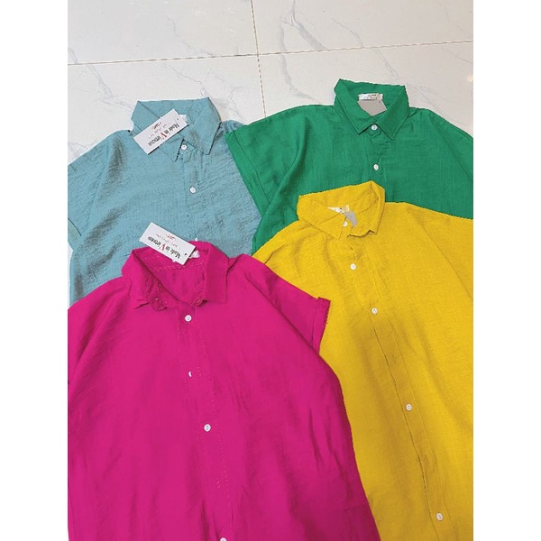 Váy sơ mi đũi trơn dáng dài bốn màu hồng, vàng, xanh lá, xanh ngọc