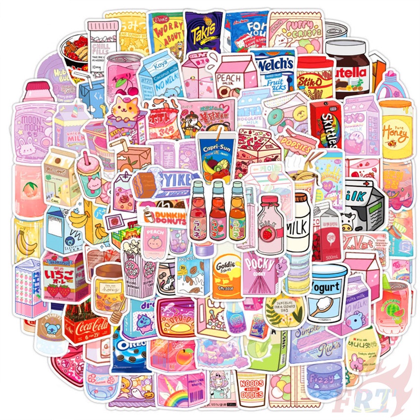 Set 100 miếng dán chống thấm nước hình thức ăn/đồ uống/bánh kẹo xinh xắn dùng để trang trí thủ công