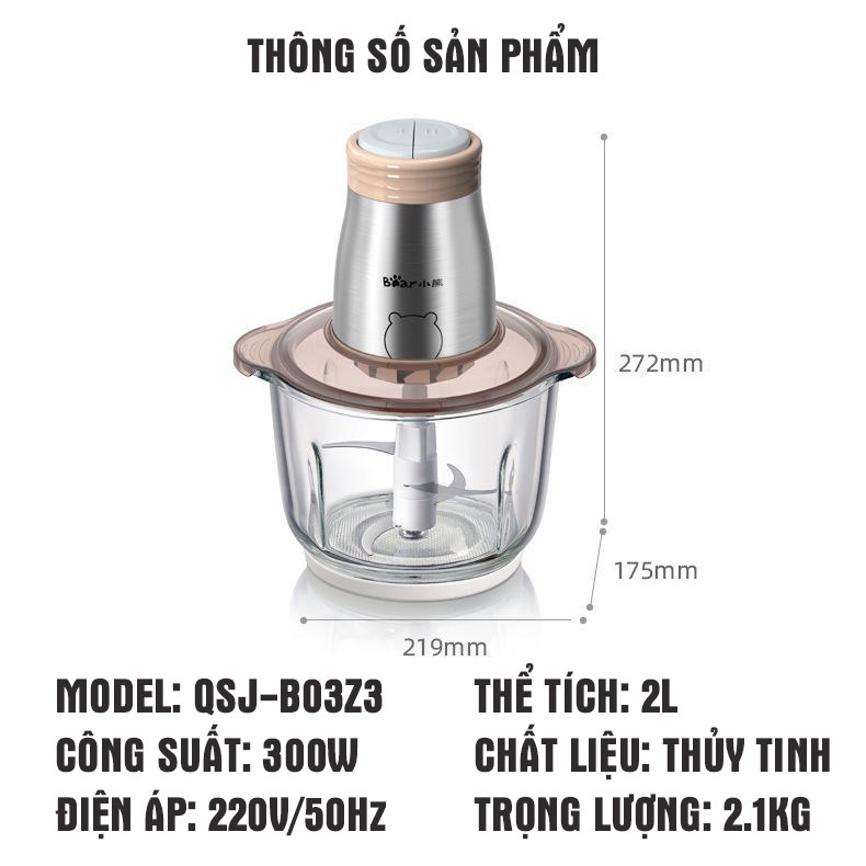 Máy Xay Thịt Cối Inox và Thủy tinh - Công suất 300W, 4 lưỡi dao inox, xay thịt, rau củ quả đa năng