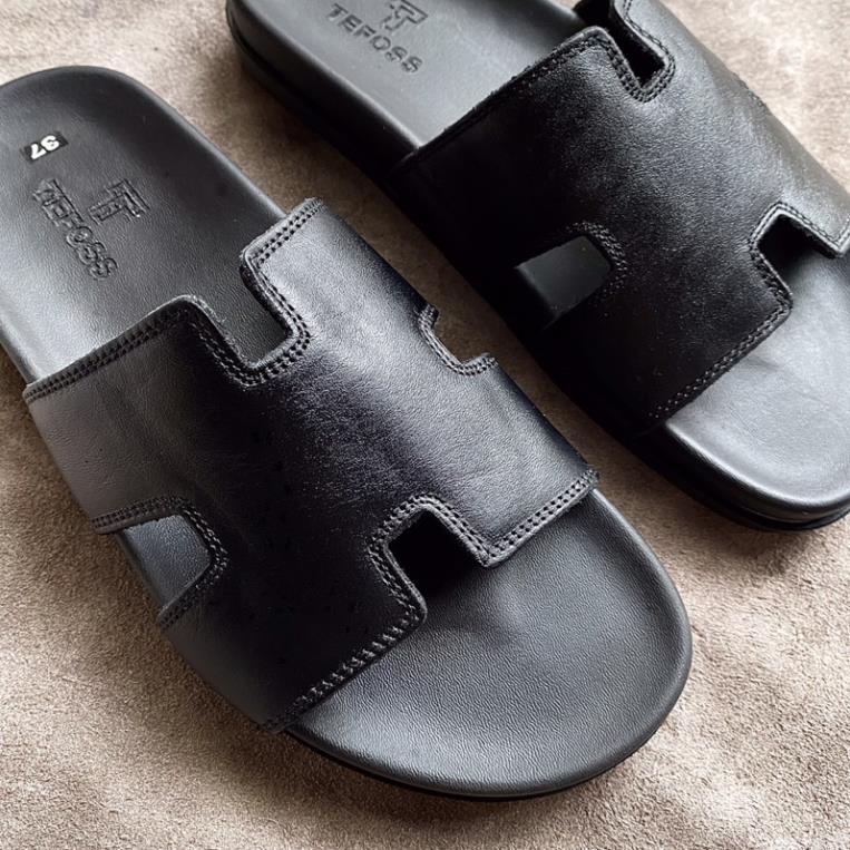 Dép nam da bò thật TEFOSS DT06 quai chữ H size 37-44 trẻ trung, cá tính, đế cao 3cm MC