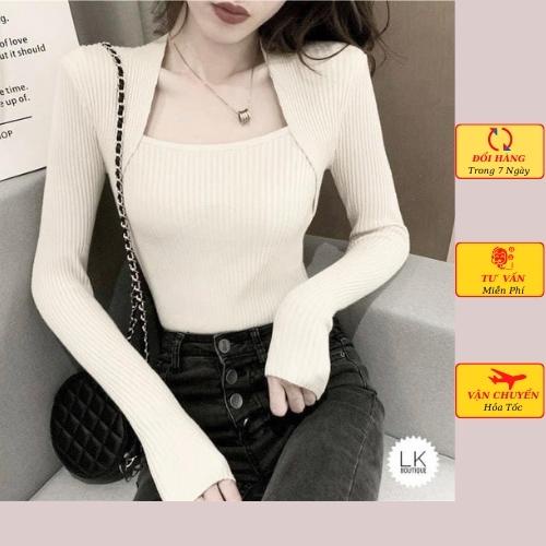 Áo len gân nữ dài tay cổ vuông ôm body mùa thu đông ulzzang Hàn Quốc công sở