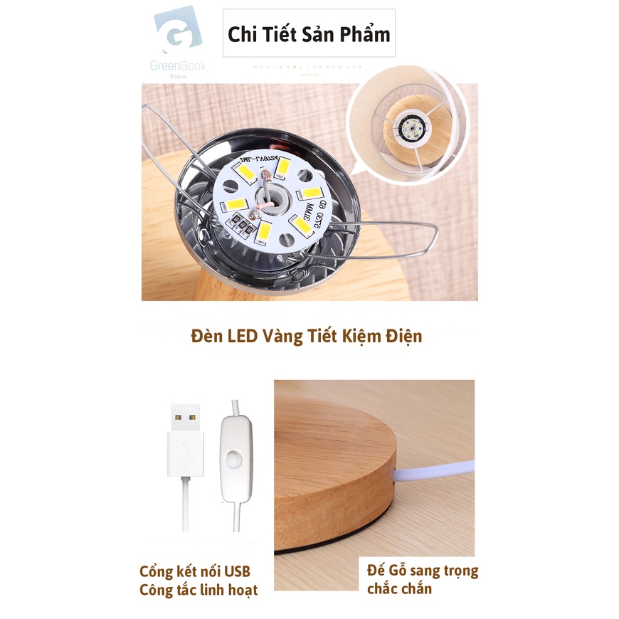 Đèn Ngủ Để Bàn Thân Gỗ, Đèn LED Trang Trí Phòng Ngủ Vintage Đầu Cắm USB Phong Cách Bắc Âu