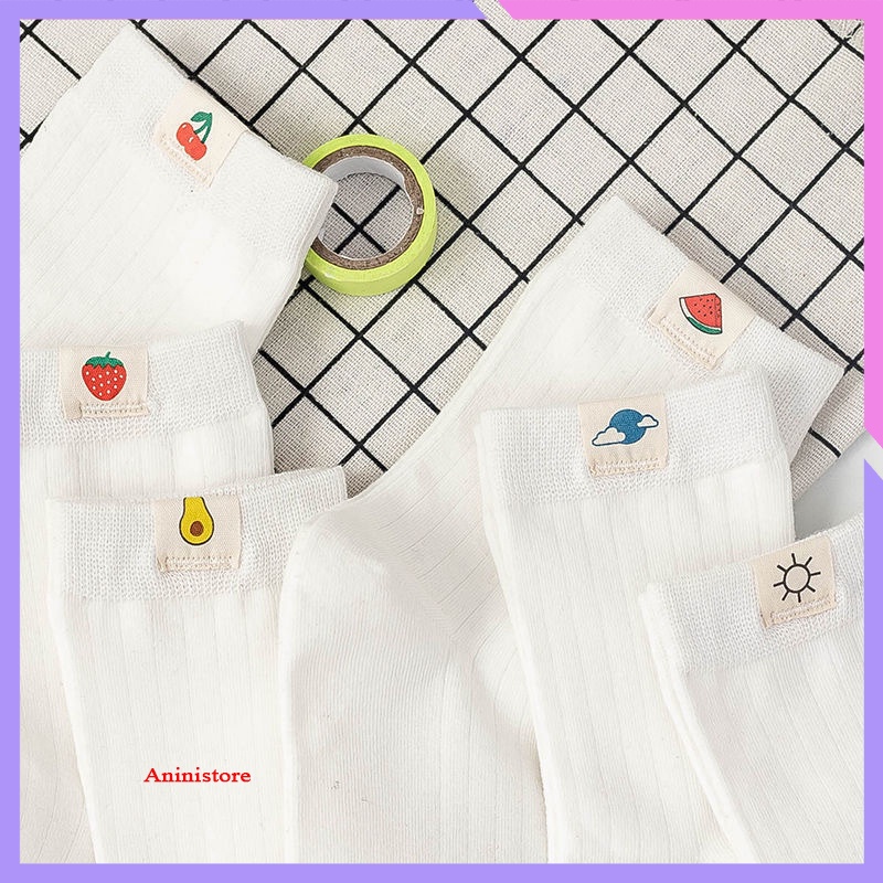Tất cổ cao, vớ cổ cao nữ trắng họa tiết trái cây ở cổ vải cotton co giãn thời trang Hàn Quốc (TP 024 – Aninistore)