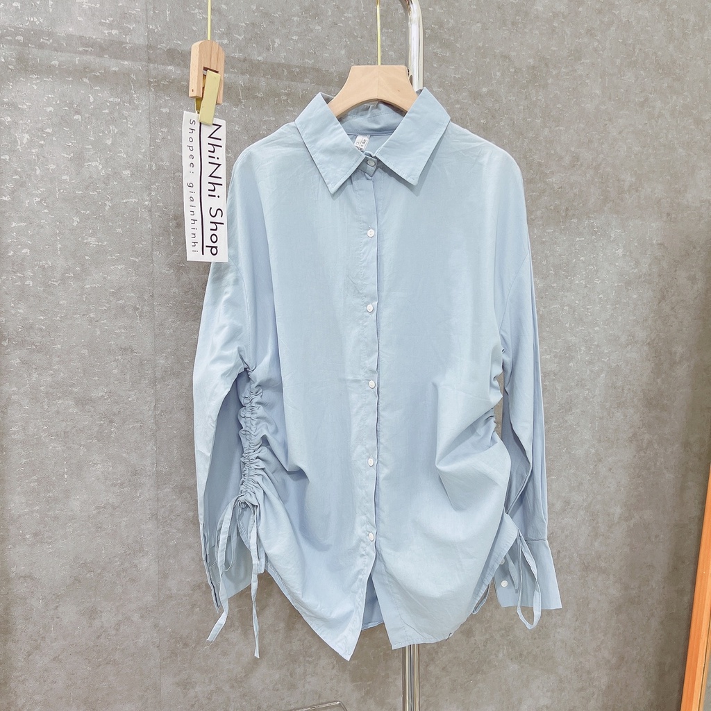 Áo sơ mi thô mềm rút dây form rộng, Áo kiểu dài tay cổ bẻ dáng rộng SM9022 - NhiNhi Shop