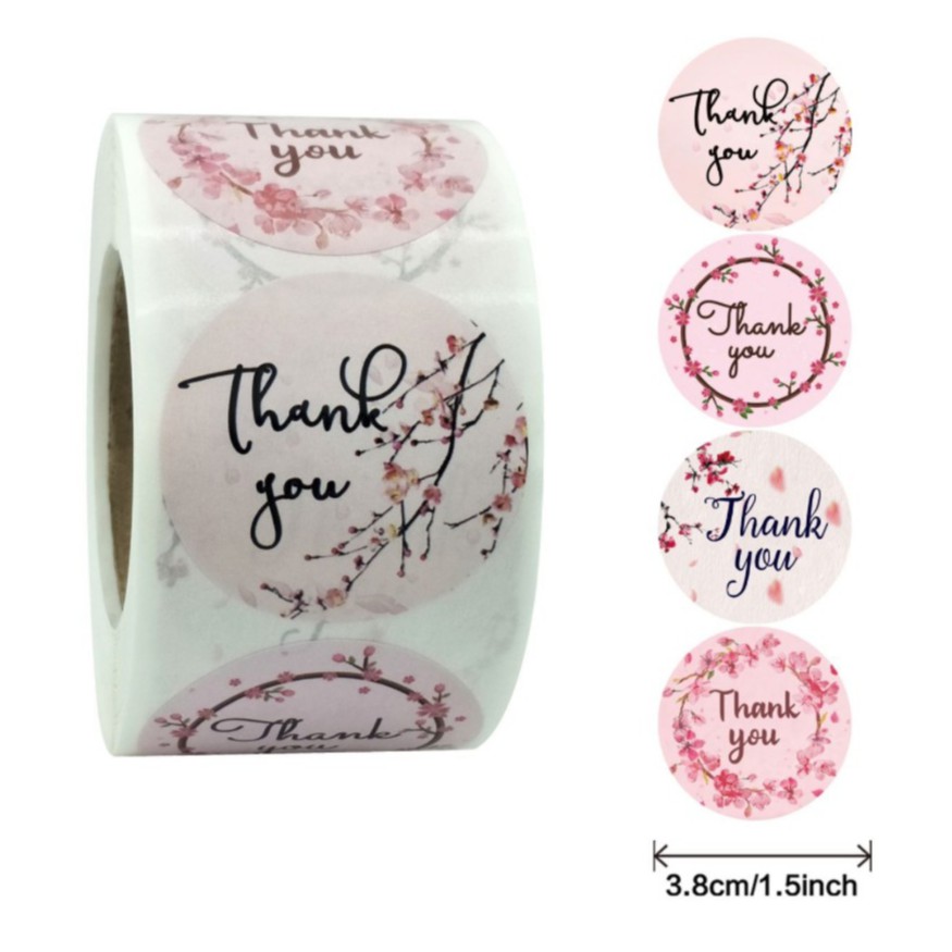 Cuộn 500 miếng stick Sticker Thank you Dán nhãn cảm ơn hoa đào xinh xắn