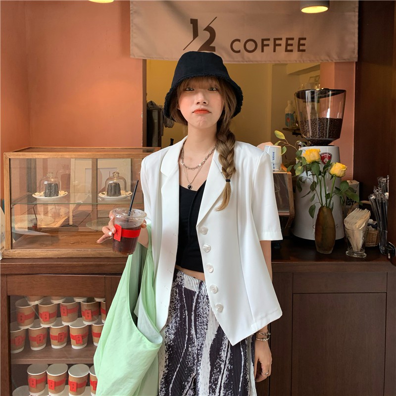 Áo Vest Blazer Ngắn tay Form rộng Sang trọng Ulzzang Hàn Quốc Áo Blazer nữ Tay ngắn Mùa Hè Thời trang