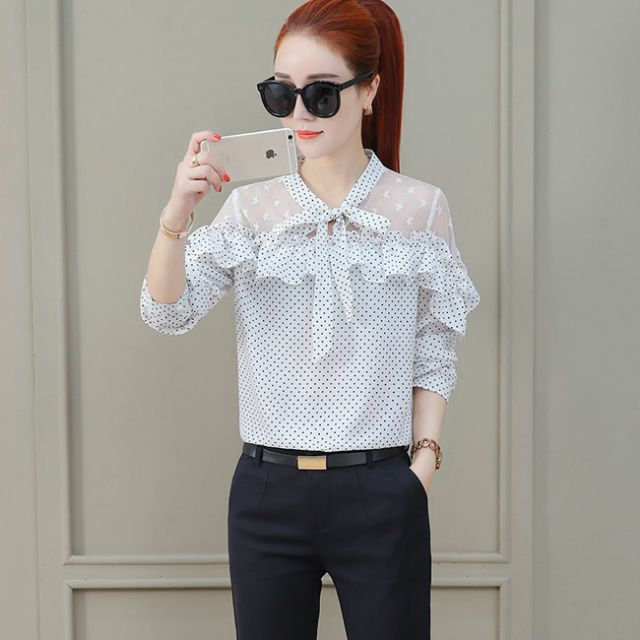 ÁO SƠ MI CHẤM BI THẮT NƠ PHỐI REN