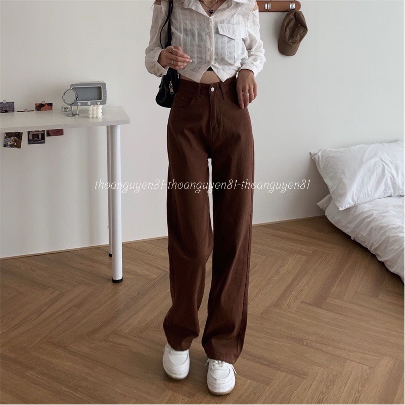 Quần ống rộng dáng suông nữ cạp cao, quần jeans kaki ống đứng trơn nâu hót 2022
