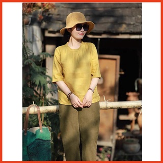 Set Đồ Trung Niên Gồm Áo Cổ Tròn Tay Lửng, Quần Dáng Dài Ống Suông Làm Từ Chất Liệu Linen Mặc Thoáng Mát