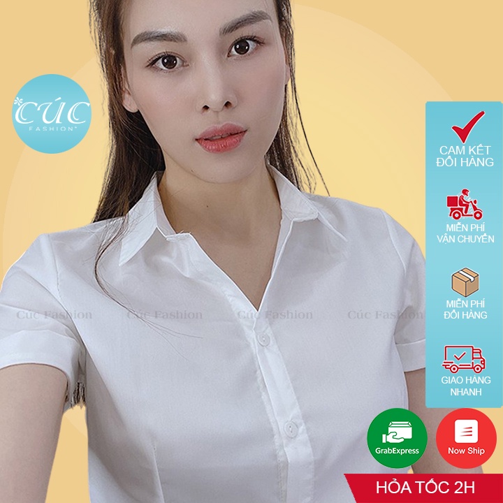 Áo sơ mi nữ CÚC FASHION somi ngắn cao cấp vải lụa đẹp thời trang công sở dễ thương đen đi học trắng cộc tay A01