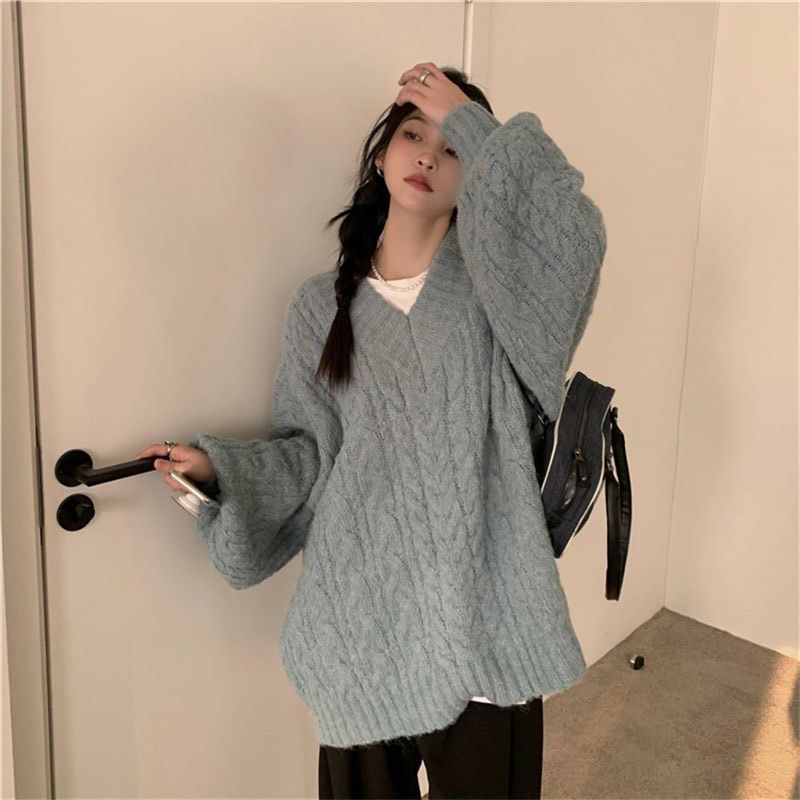 Áo Len Dáng Rộng Ulzzang Cổ Chữ V Chất Vải Mềm Phong Cách Hàn Quốc