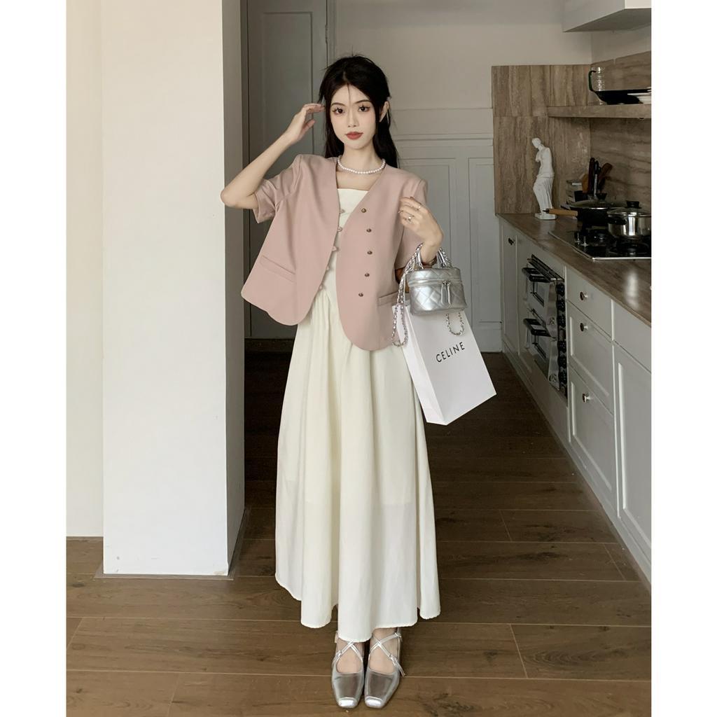 「 WELOVE1 」Bộ Áo Khoác Vest Ngắn Tay + Đầm Yếm Thời Trang Nữ Tính Cỡ Nhỏ