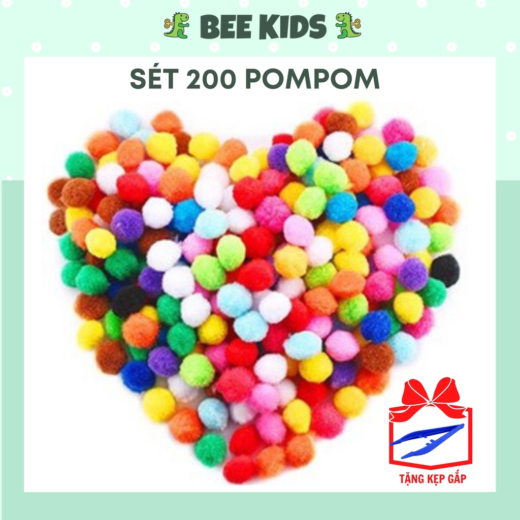 Sét 200 Pom Pom Nhiều Màu Kích Cỡ 2 cm Cho Bé Tập Ghắp [Tặng 1 Kẹp Gắp]