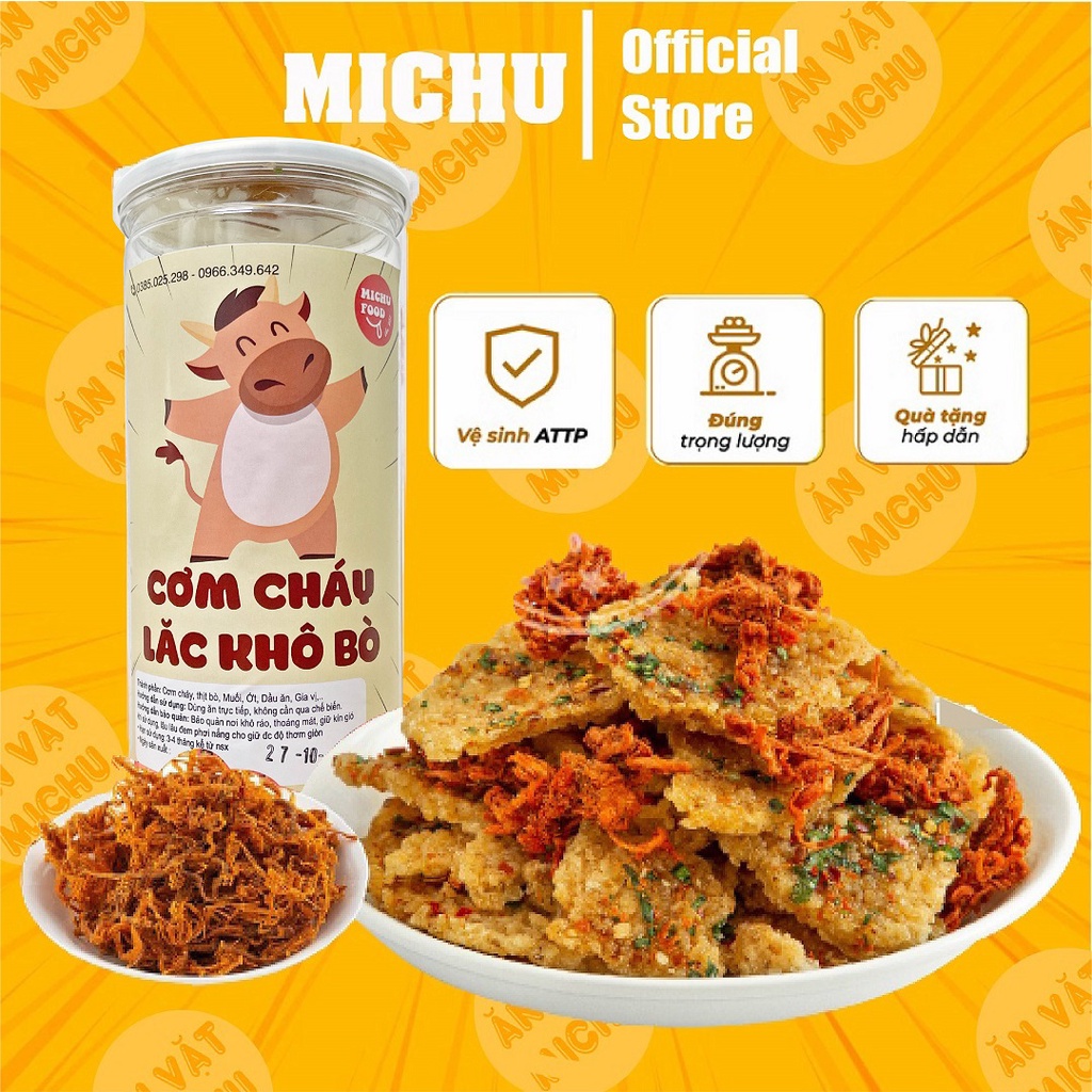 Cơm cháy lắc bò khô hũ 300g đồ ăn vặt loại 1 món ăn cơm cháy cao cấp hũ 300g - MICHU Food