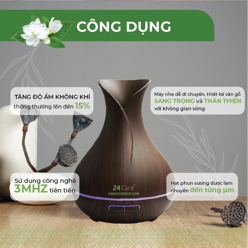 Máy khuếch tán tinh dầu 24Care hình Tulip màu đen dung tích 500ml có đèn 7 màu thay thế đèn ngủ