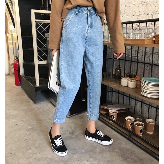 Quần baggy jeans lưng cao ống tua trơn ulzzang kèm ảnh thật