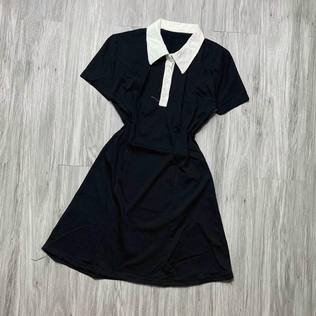 Đầm Polo Body Dáng A Đen Phối Cổ Trắng
