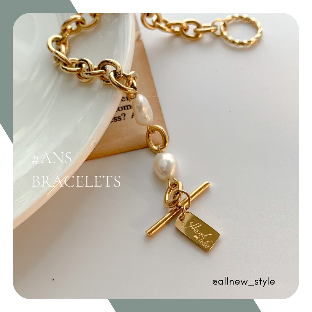 Vòng tay thép Handmade phối ngọc trai nhân tạo Allnewstyle