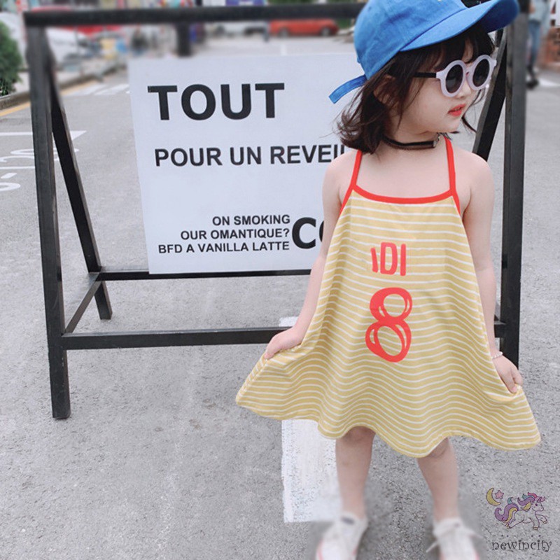 Đầm Hai Dây Họa Tiết Kẻ Sọc Thời Trang Mùa Hè Hàn Quốc Cho Bé Gái