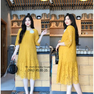 Đầm bầu ren vàng đuôi cá đính kèm bông