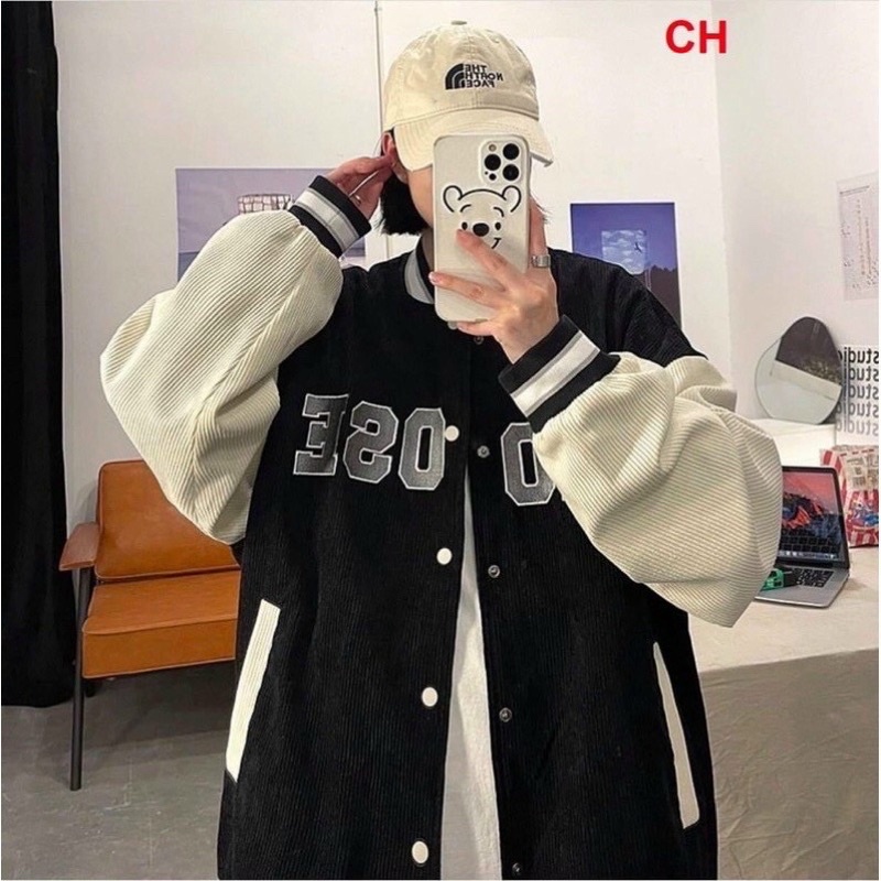 Áo khoác bomber kaki nhung gân thêu unisex ulzzang nam nữ