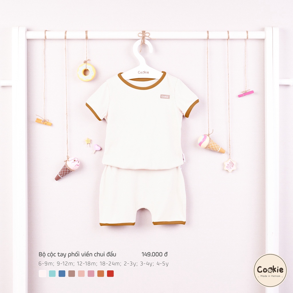 Bộ cộc COOKIE phối viền chui đầu 6-9/9-12/12-18/18-24M chất liệu Air-Cool Knitwear điều hoà nhiệt 4 mùa - Monnie Kids