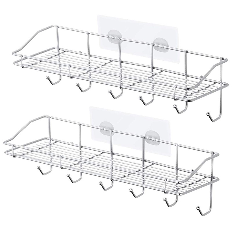 Kệ Nhà Tắm Inox Không Gỉ Kèm 6 Móc, Giá Để Đồ Nhà Tắm Dán Tường Treo Đồ Tiện Lợi