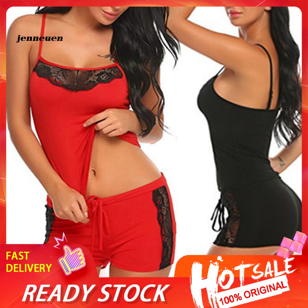 Set Đồ Ngủ Áo Hai Dây + Quần Ngắn Phối Ren Quyến Rũ Cho Nữ