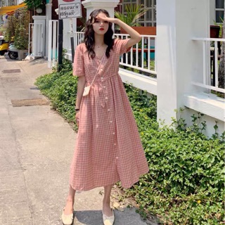 {Thanh lý 4xl màu hồng}Váy eo chun kẻ vải thô mềm